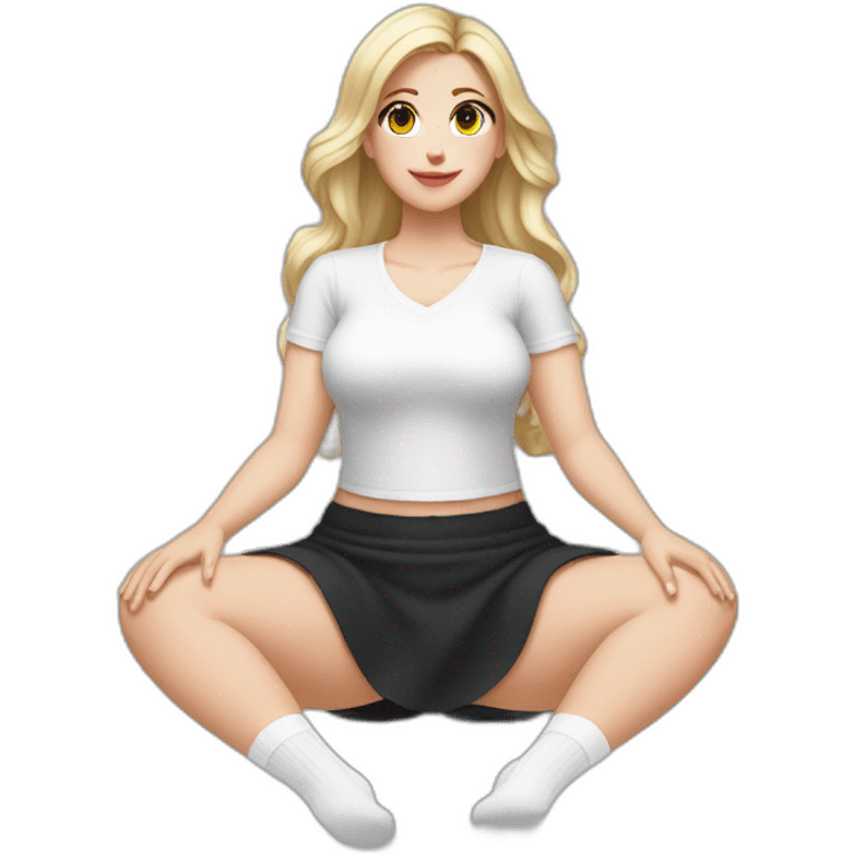 Front view full body curvy caucasian beauty sitting straight hands up black skirt white knickers white socks emoji