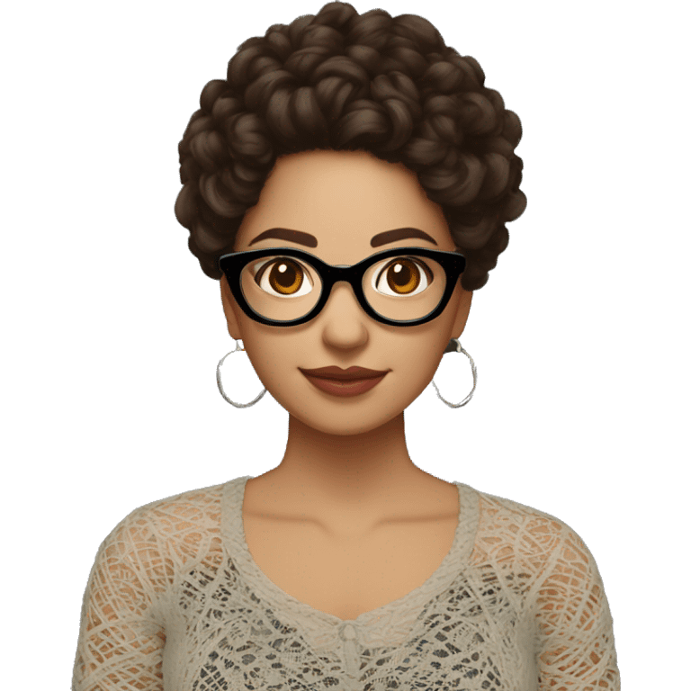 Hispanic woman with black glasses, long brown curly hair over the shoulder, holding yarn wearing a black lace shirt emoji