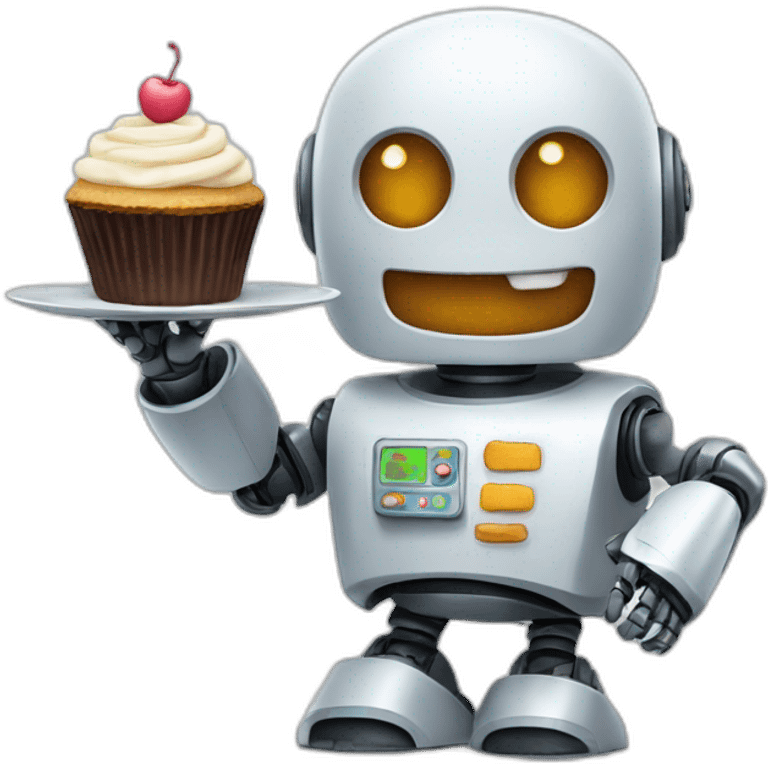 A happy robot holding a plate with a cupcake on it emoji