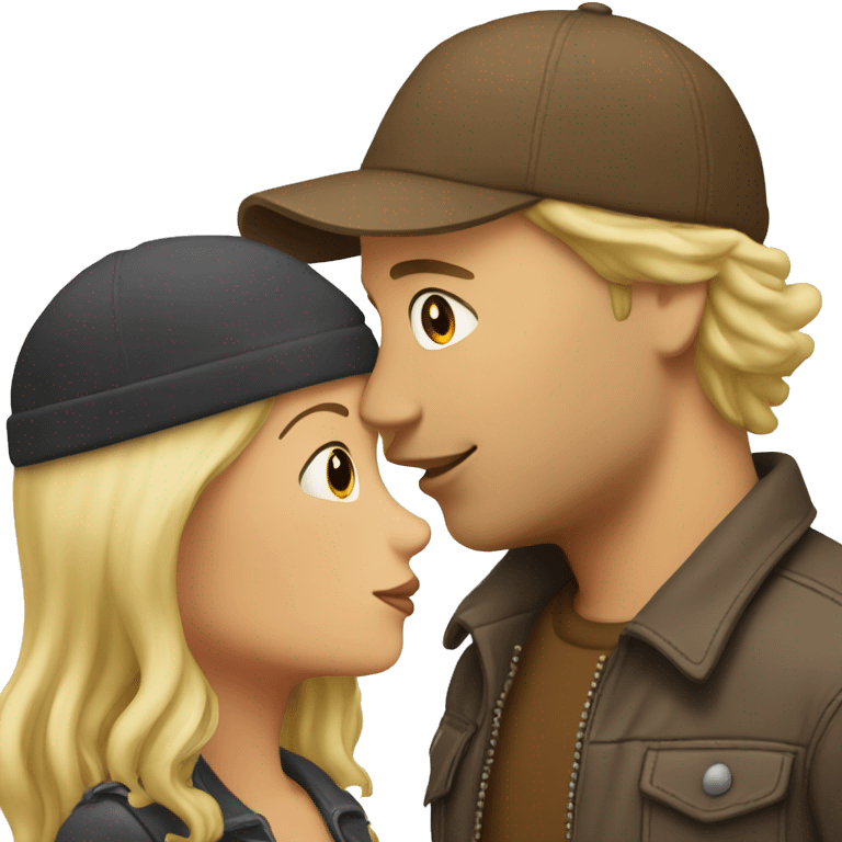 blonde guy with a brown beanig kissing brunette short girl emoji