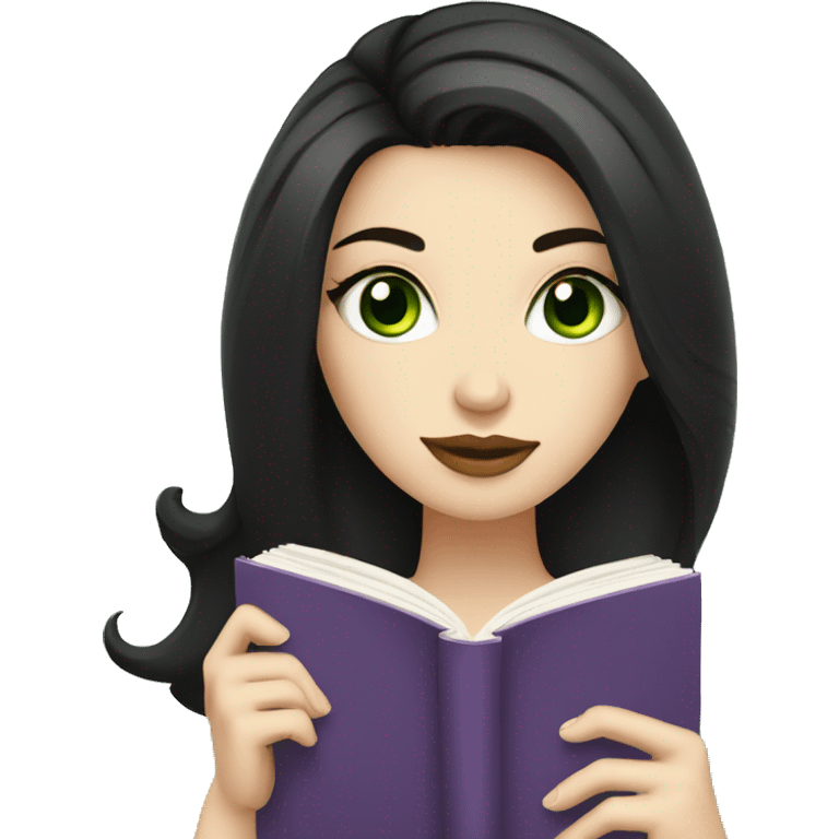 a white girl with black hair and green eyes, reading a book holding a mug of coffee emoji