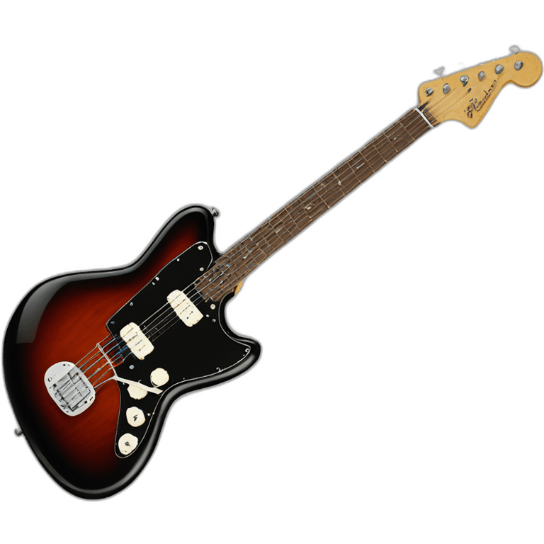 a black fender jazzmaster with a red tortoise shell pickguard emoji