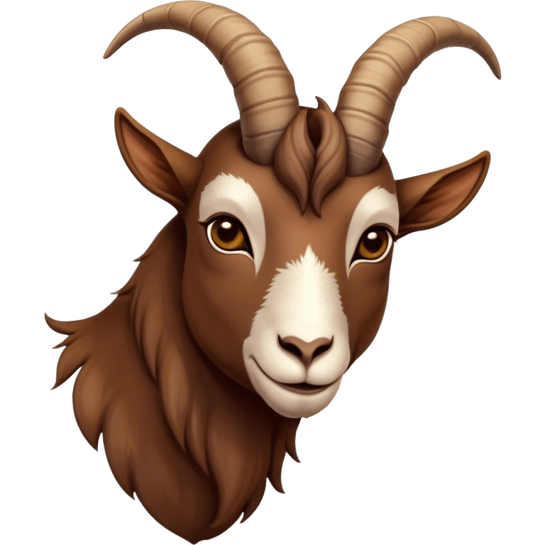 Cinematic Noble Brown Goat Portrait Emoji, Poised and regal, with a sturdy, agile build and a smooth, well-groomed rich brown fur accented by gracefully curved horns, deep-set soulful dark eyes, Simplified yet sharp and sophisticated features, highly detailed, glowing with a warm, dignified glow, high shine, intelligent and spirited, stylized with an air of rustic elegance, focused and attentive, soft glowing outline, capturing the essence of a watchful and confident goat, so majestic it feels as though it could leap out of the screen with effortless authority! emoji