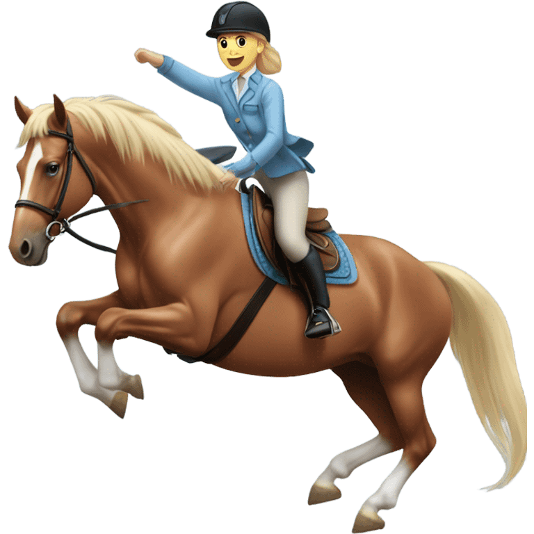 Red roan horse with girl jumping over standard, horse wearing light blue saddle pad girl has blonde hair emoji