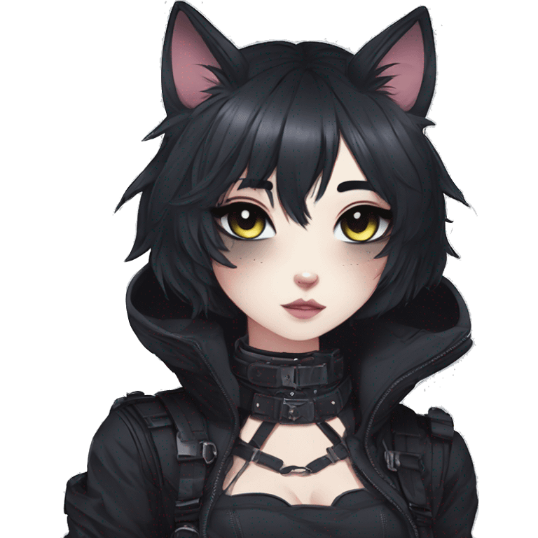 Gorgeous gothic dark techwear anime style anthro cat with blushing face aesthetic and pretty edgy black with collar and harness trending style emoji