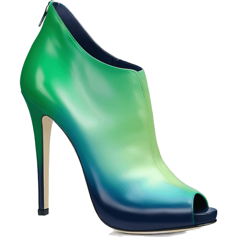 Realistic isolated top front view of a pair of emerald green,sky blue,mint green,lime green and navy blue ombre Jimmy Choo peep toe stiletto ankle booties. emoji