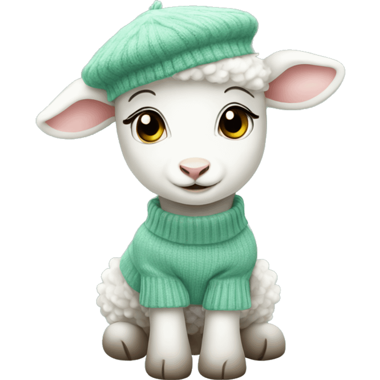 cute little female lamb wearing a water green sweater and a white beret emoji