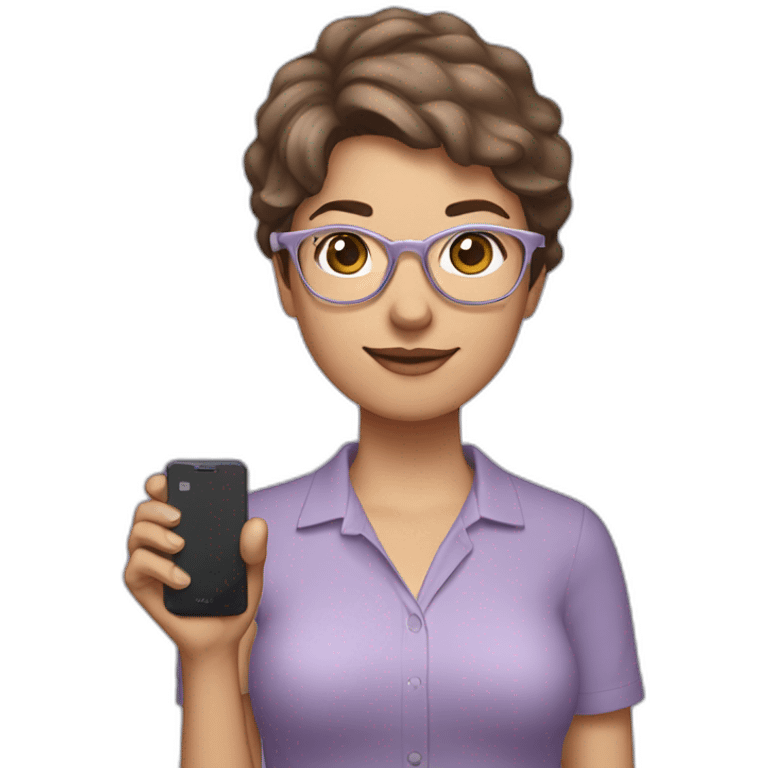 Woman with short brown hair, wearing a lavender-colored shirt, silver brand glasses, and holding a cell phone in her right hand. emoji