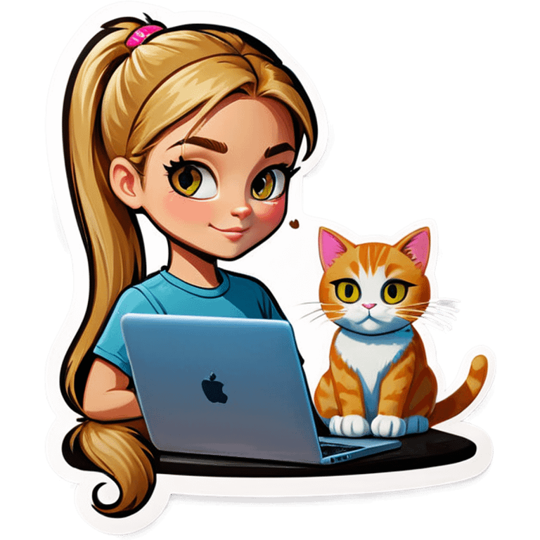 Blonde girl ponytail macBook and a cat emoji