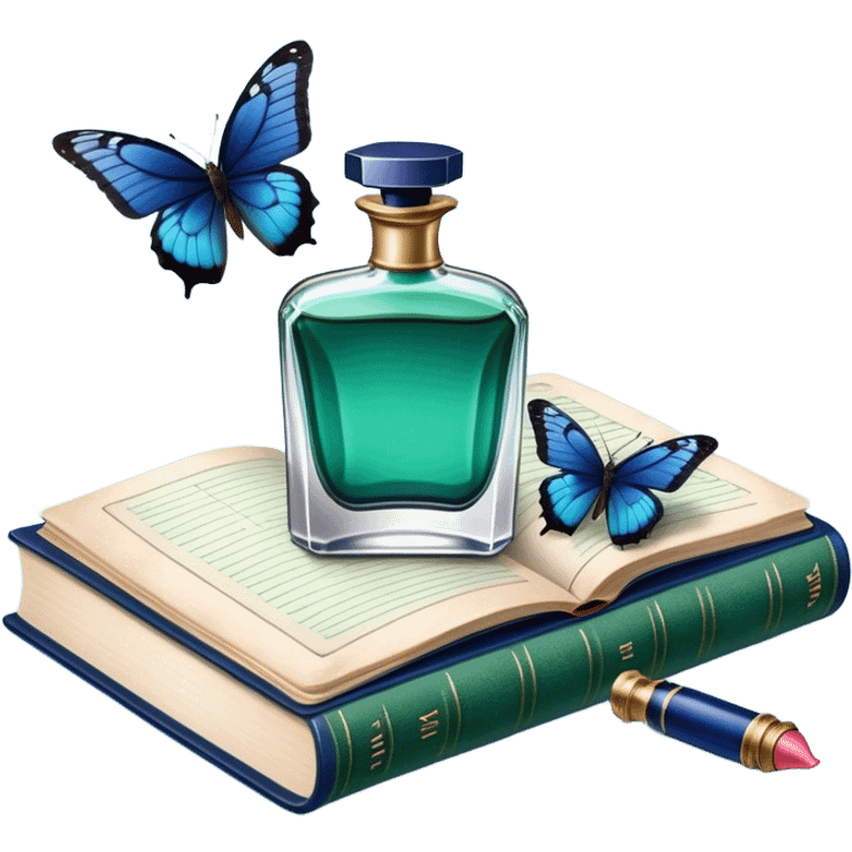 A vintage still-life composition featuring a navy perfume bottle, an old green book, and a blue butterfly. emoji