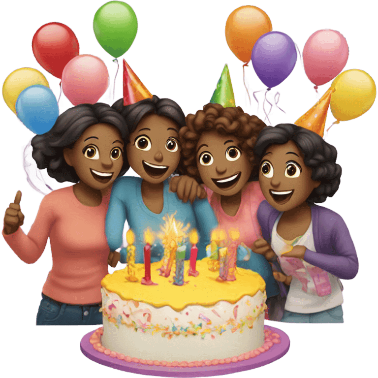 Five women friends celebrating birthday of one emoji