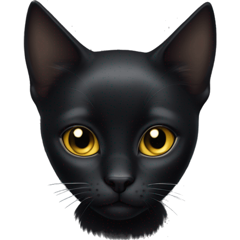 Petite, solid black cat with sleek fur, light yellow eyes, and small black pointed tufts of pointed hairs at the very tips of her ears only, no tufts on the lower ear, blending in with her black fur, fully body, no white markings emoji