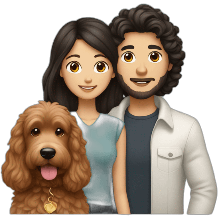 guy with brown hair and asian girl with long black hair holding red goldendoodle emoji