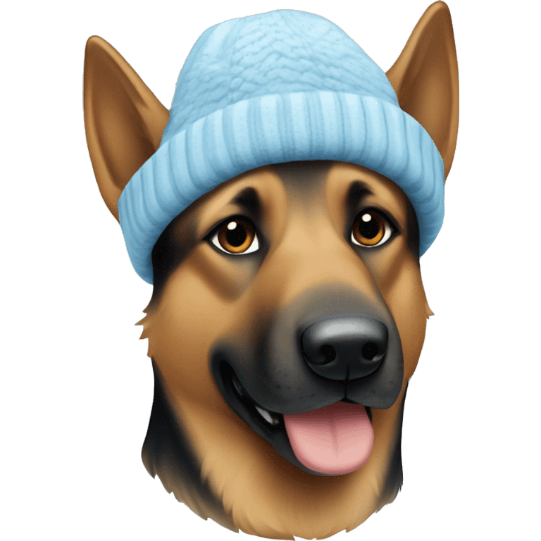 Brown German shepherd in a light blue winter hat emoji