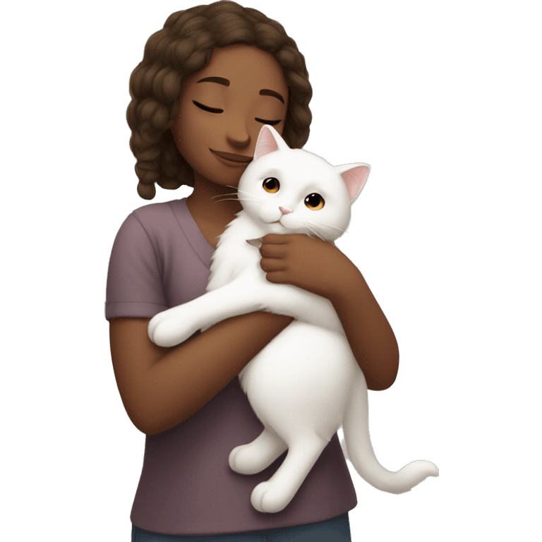 Browne girl snuggling fluffy white cat emoji