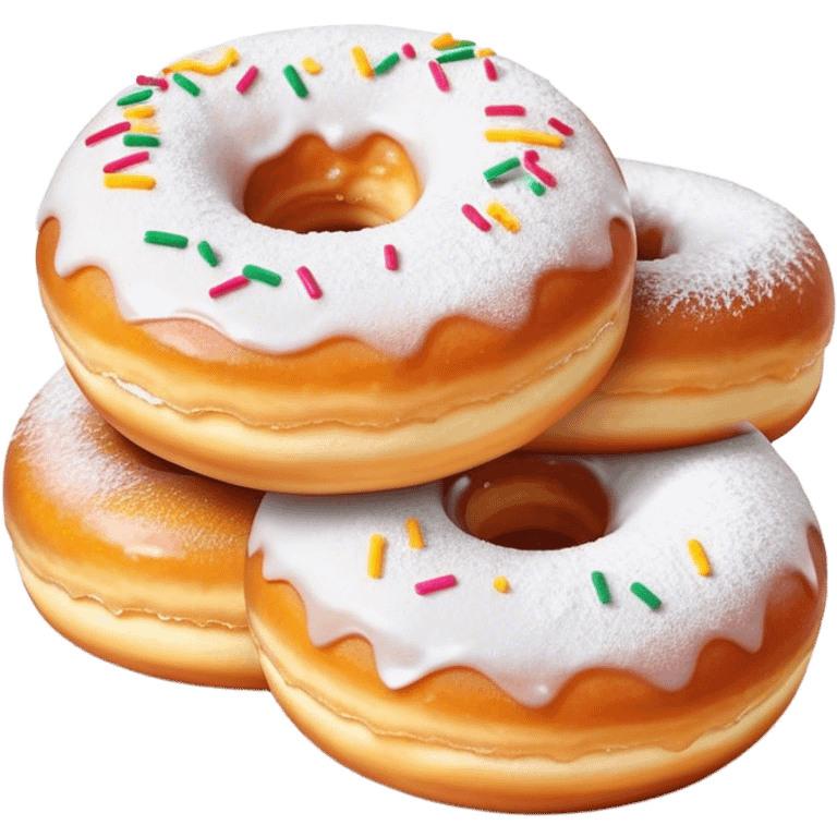 Cinematic fluffy donuts, perfectly golden and dusted with powdered sugar, vibrant icing with sprinkles, stacked in a playful arrangement, soft glowing highlights, warm and inviting. emoji