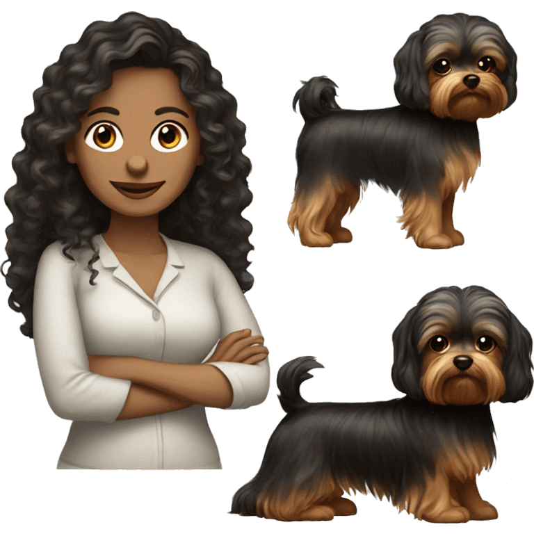 40 years old woman with dark brown long hair ,slidly curly and a yorkie  emoji