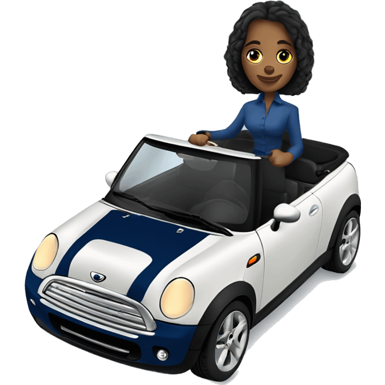 navy blue convertible Mini Cooper, with fair skin and blue eyed woman driving  emoji