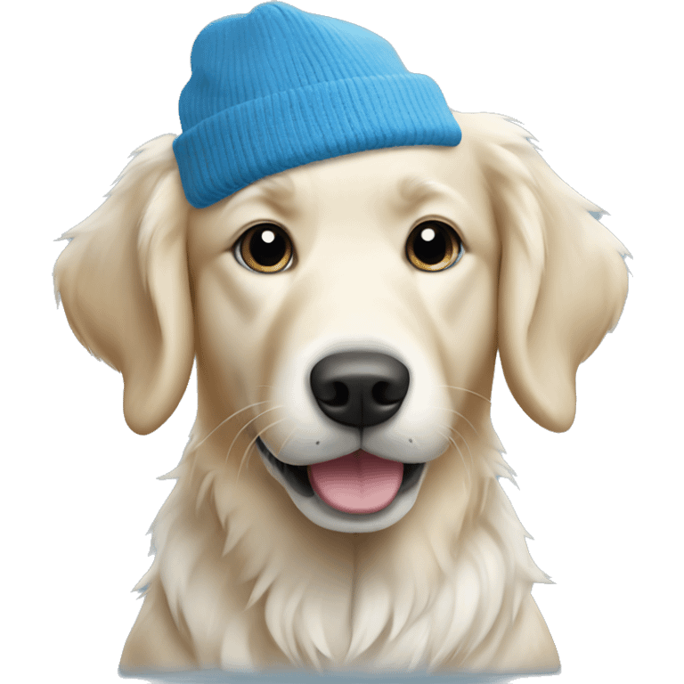 white golden retriever dog wearing a blue beanie emoji