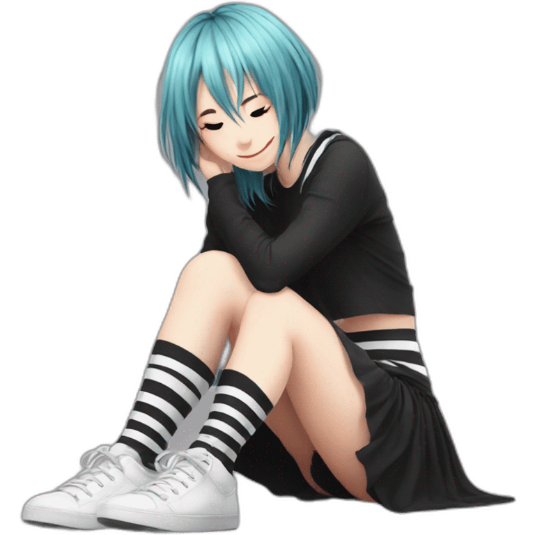 full body Front view emo girl sits on the floor black skirt torn striped stockings emoji