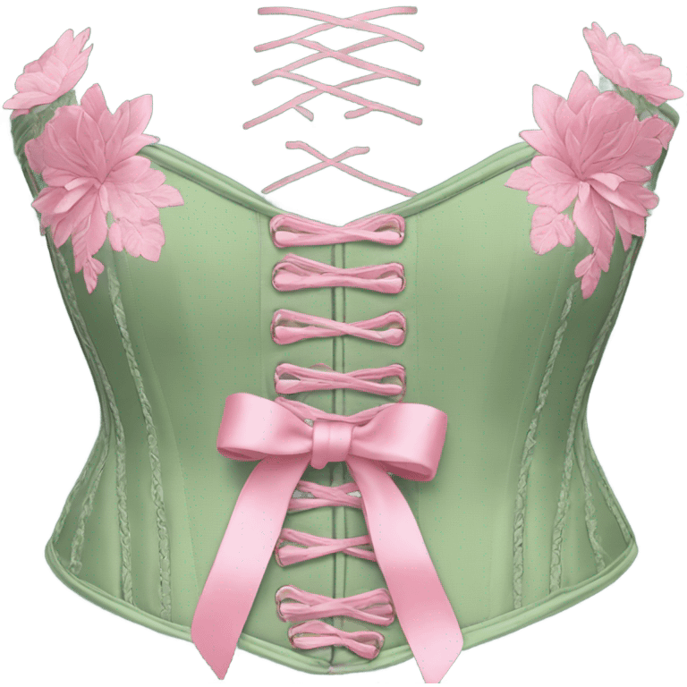 Sage green corset with flower embroidery and pink bows, isolated emoji