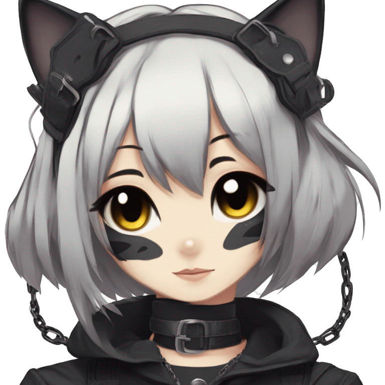 Gorgeous gothic dark techwear anime style anthro cat with blushing face aesthetic and pretty edgy black with collar and harness trending style emoji