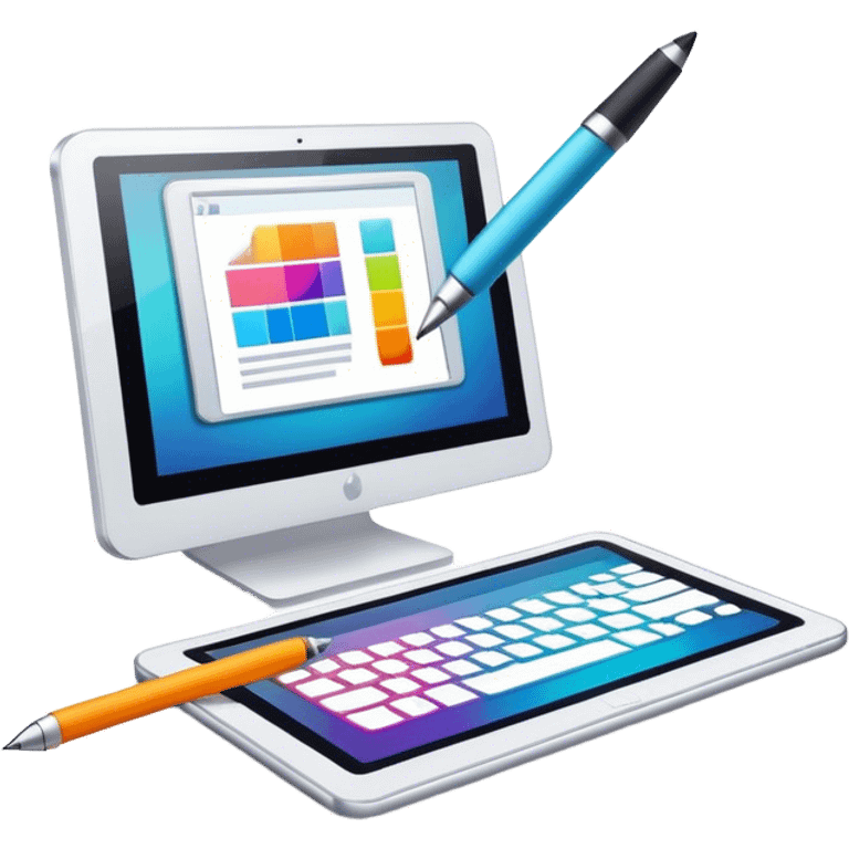 Computer graphics icon, digital design tools like a stylus, tablet, computer image on screen, vibrant colors, minimalistic style, clean lines, transparent background. emoji