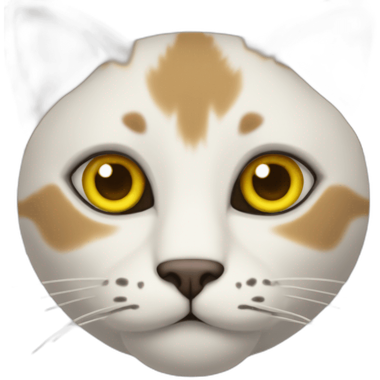 cat with white head and at the top of the head some cyper color, yellow brown eyes, dirty looking emoji