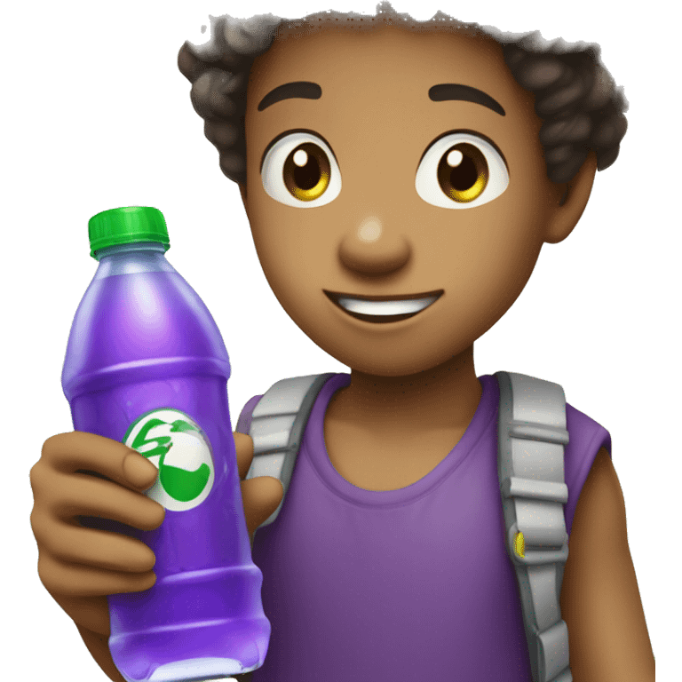 Blasian kid holding sprite bottle with purple drink in it emoji