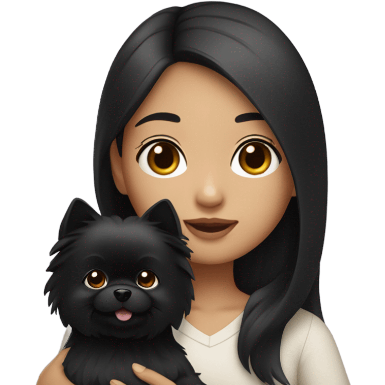 Asian looking girl with black hair, middle part with her black Pomeranian dog  emoji