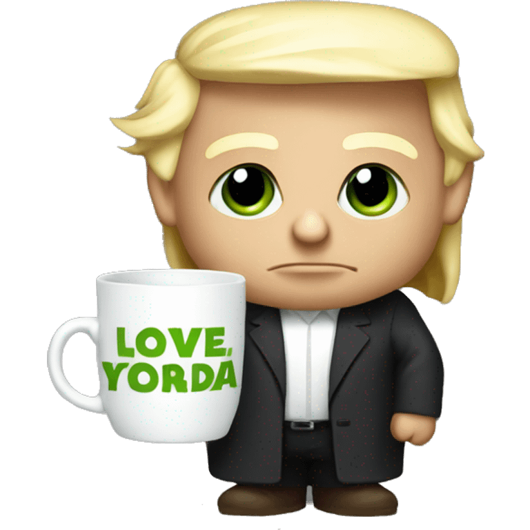 donal trump holding a mug that says i love yoda emoji