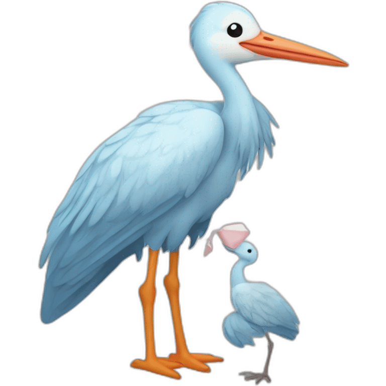 stork carrying a light blue bundle of cloth in its beak that has a human baby with dark hair and the baby face and head is peeking from the cloths bundle the strok is carrying with its beak emoji