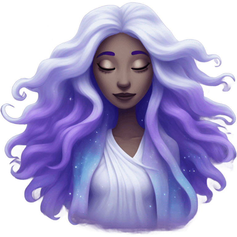 white mystical woman with sparkling galaxy hair with moon and stars in purple and blue shades emoji