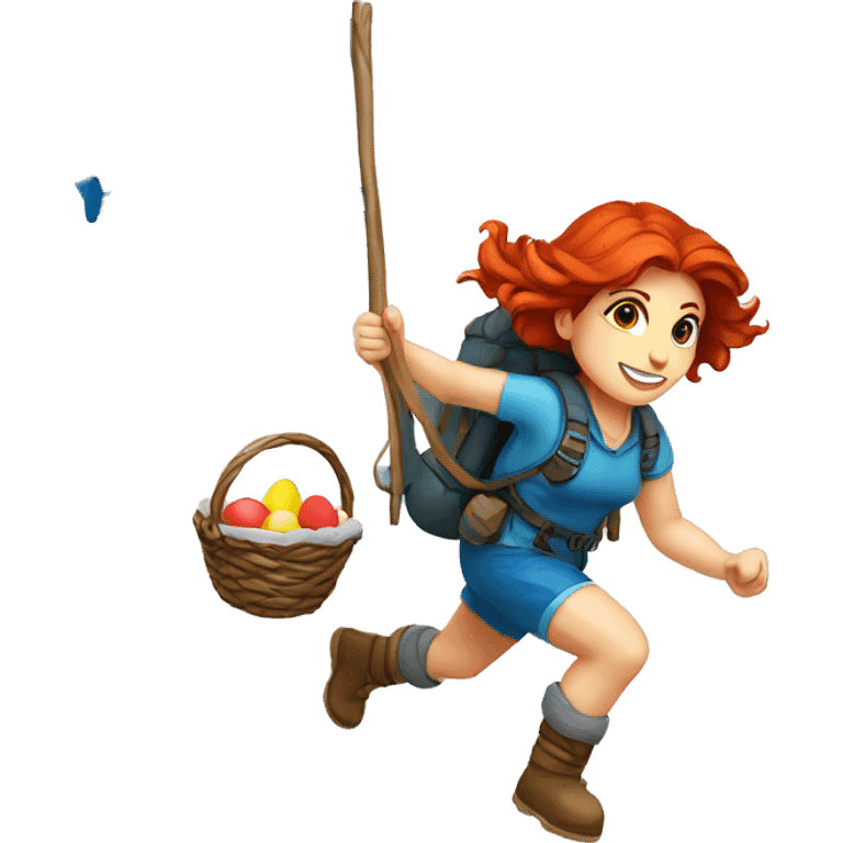 Greek Female winter mountaineer red hair white skin climbing with Greek Flag and Easter eggs basket emoji