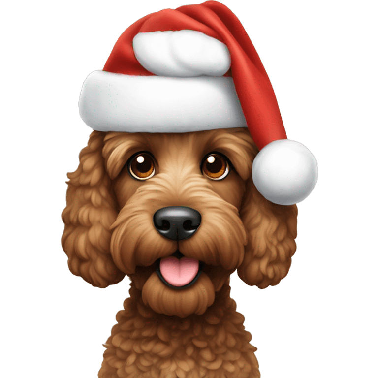 Brown Cockapoo wearing a Santa hat looking happy emoji