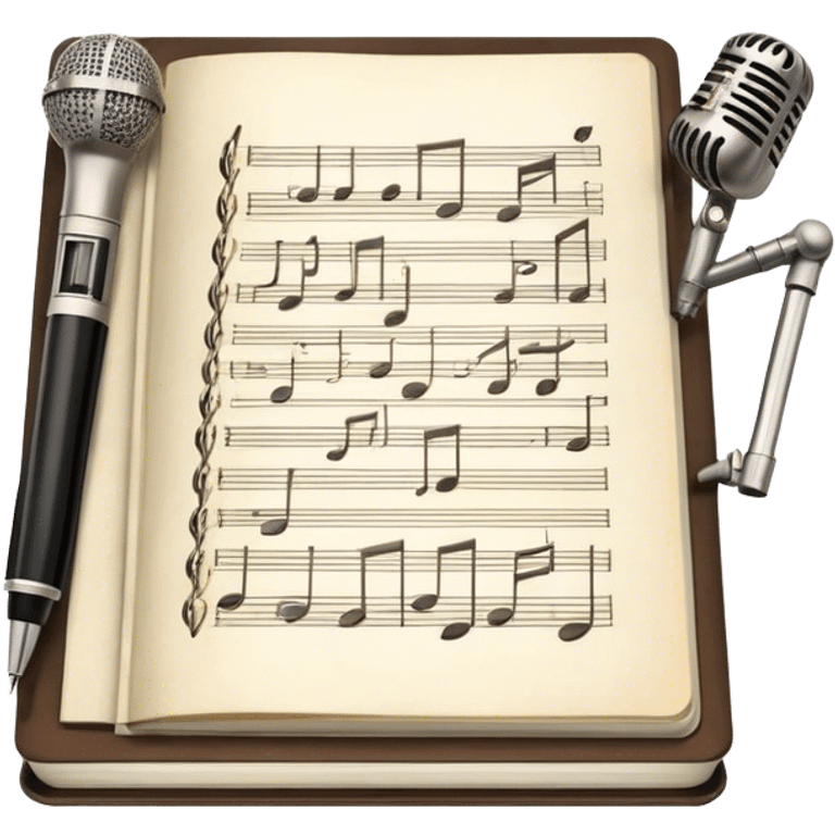 Create an emoji representing songwriting. The design should feature an open notebook or sheet music with visible lyrics between the musical notes, symbolizing the process of writing song lyrics. The text between the notes should be clearly visible. A pen or pencil should be placed near the notebook, indicating active writing. Optionally, include a vintage microphone lying beside the notebook (not on the music notes) to add a creative touch. Use a harmonious color palette with warm and neutral tones. Do not include any emojis or smiley faces. Make the background transparent. emoji