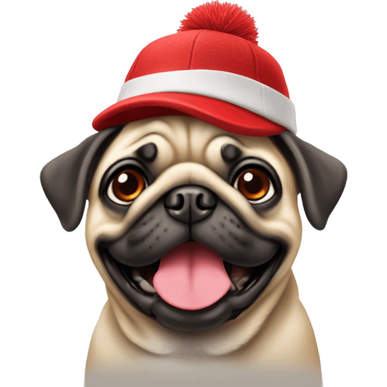 Cheerful pug in a red hat emoji