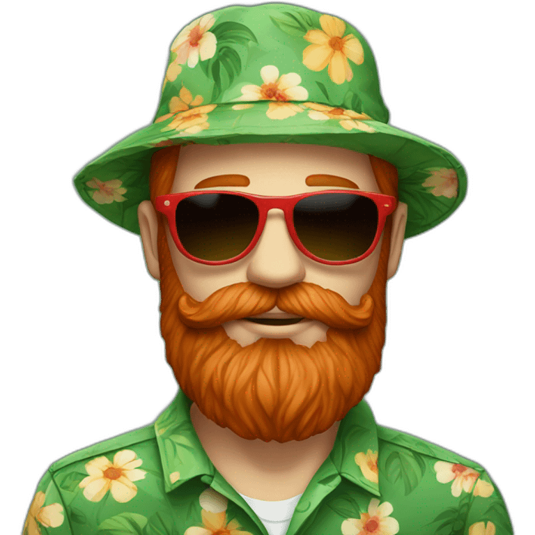 Bright Red beard wearing a floral shirt and wearing green sunglasses and a bucket hat emoji