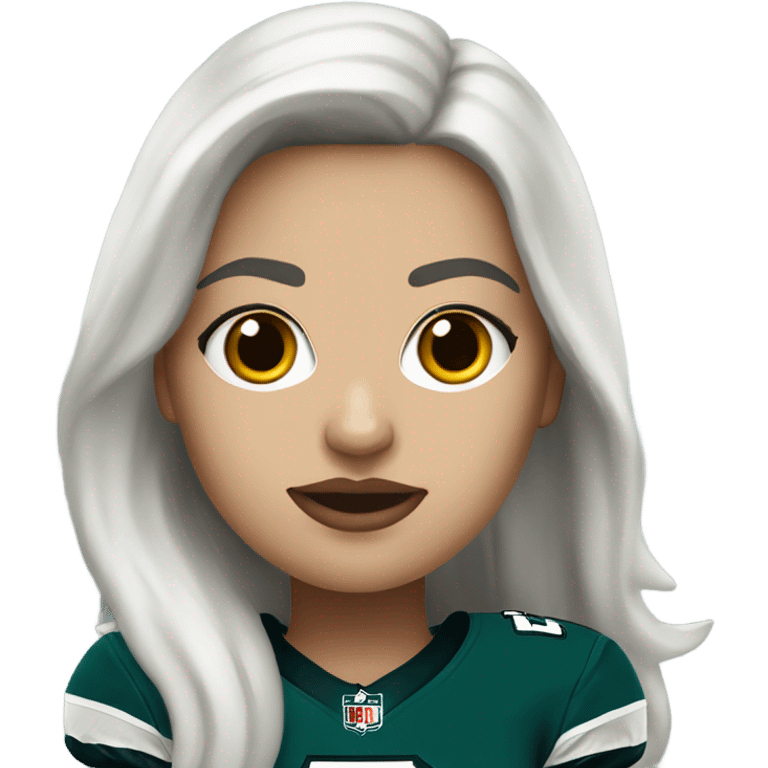 White female long dark hair red lips wearing Philadelphia Eagles jersey emoji