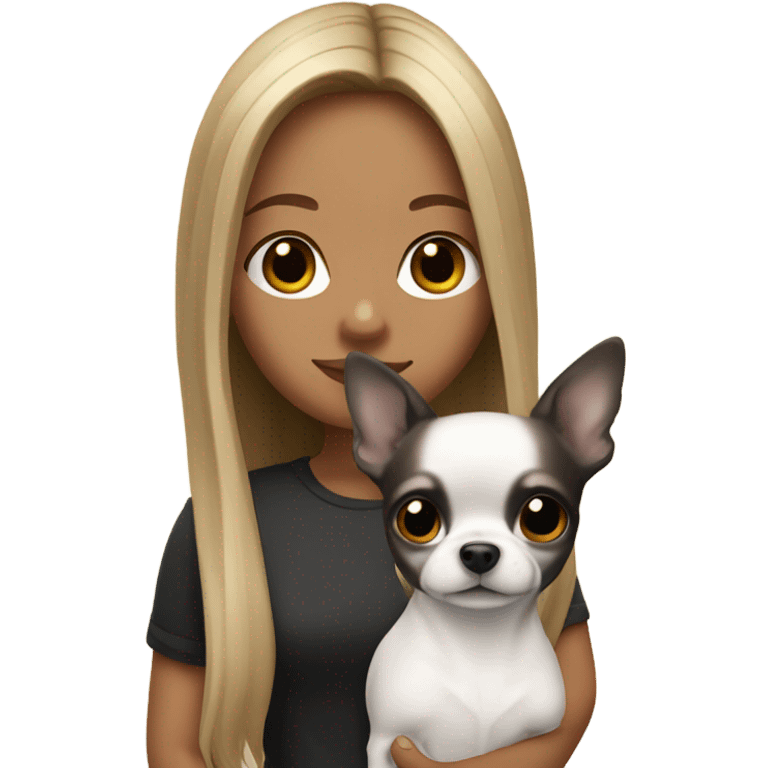 long dark blond hair Thai girl with Chihuahua black and white. emoji