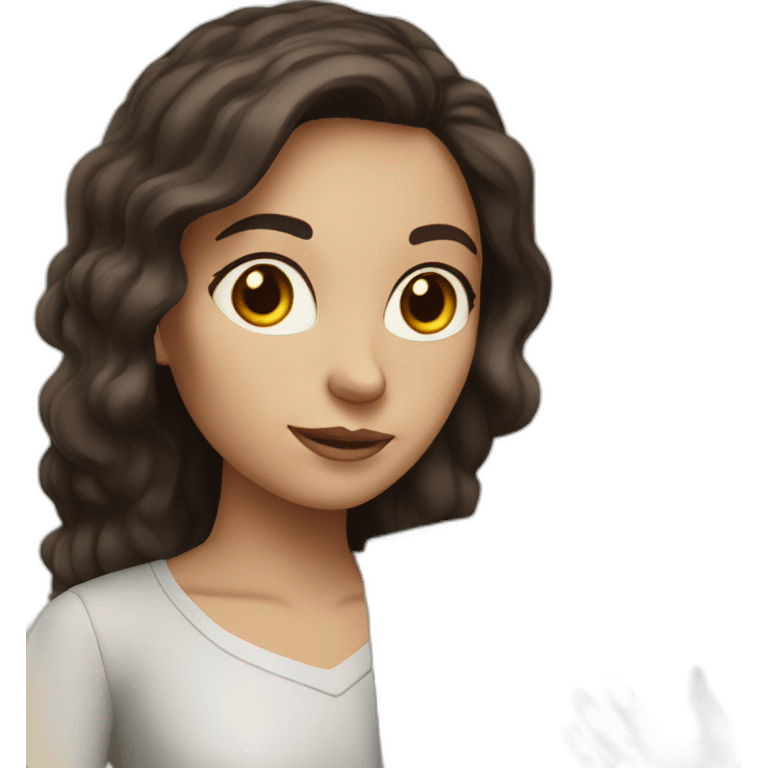 White woman with dark brown hair holding a book emoji