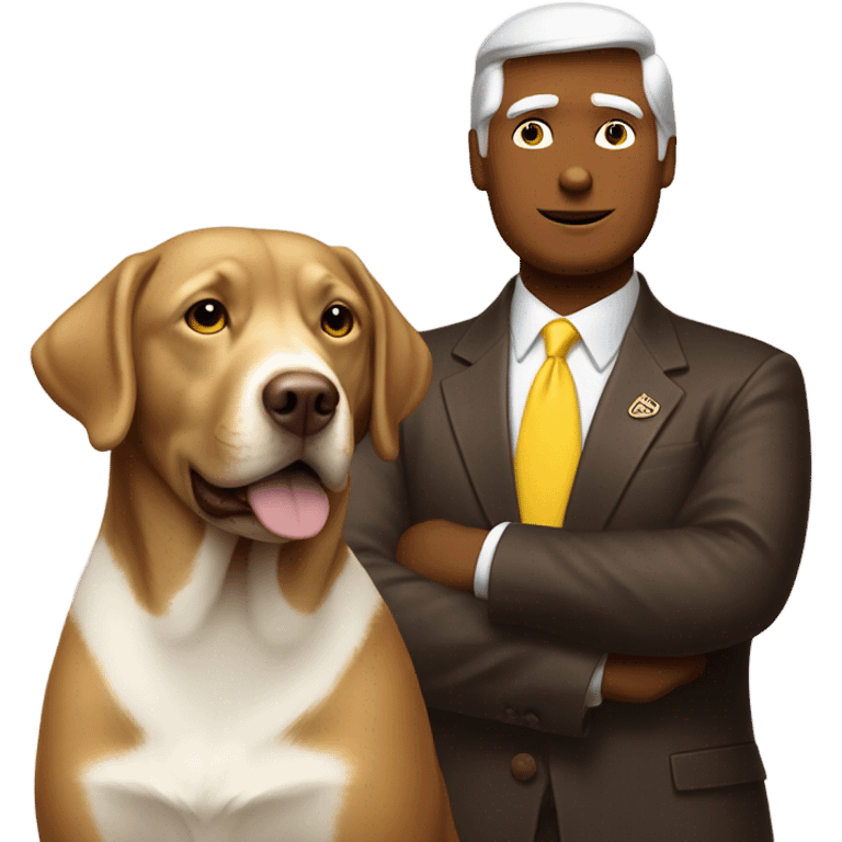 Donald trump next to a chocolate lab dog with a white stripe on chest and yellow eyes emoji