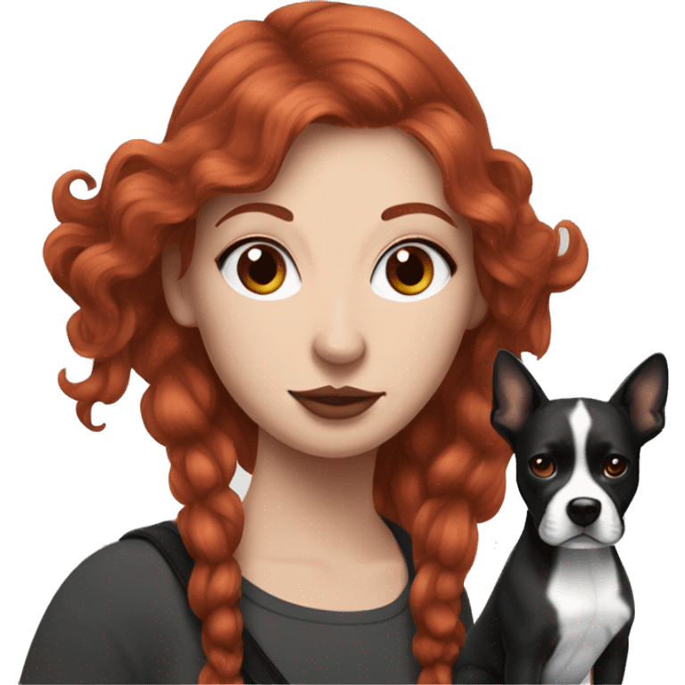 Long Red haired woman with septum piercing holding black and white English Staffordshire dog emoji