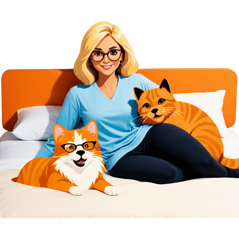 Blonde woman in bed with glasses with a dark, gray cat and orange cat and a golden retriever emoji