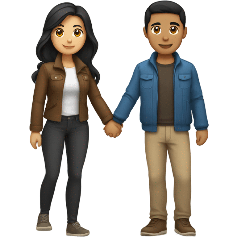 a couple holding hands. the guy has black middle part hair and is Persian and Filipino mix, wearing a jacket. the girl has brown hair white and asian mix, wearing a crop top. emoji