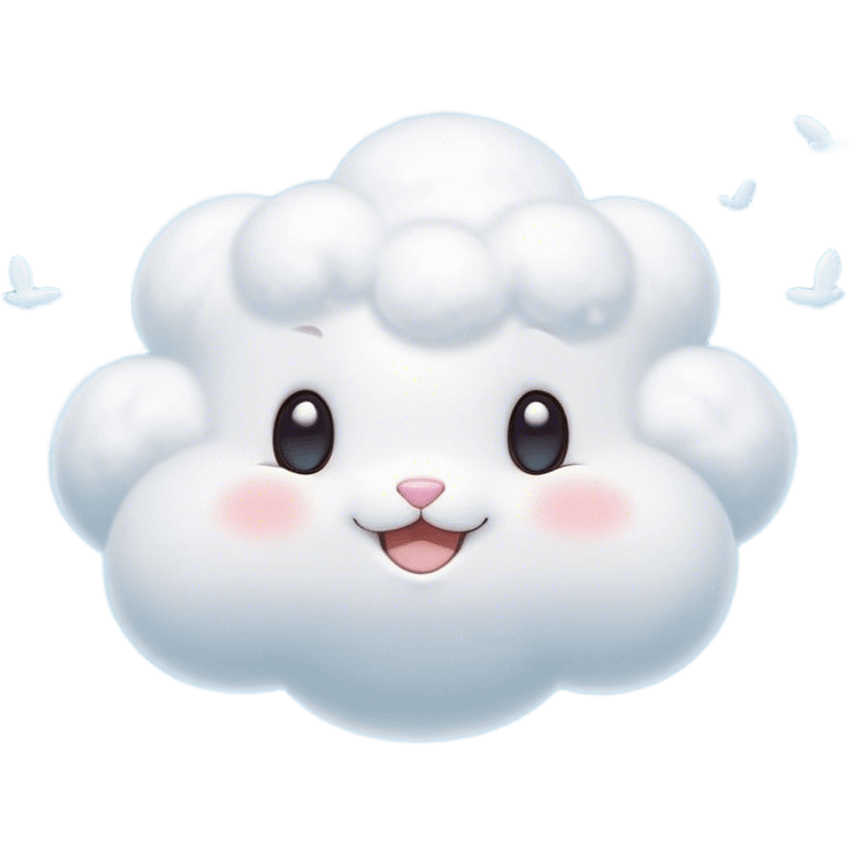 Cinematic tiny puffy bunny-shaped cloud, floating gently in the sky, soft glowing light, tiny rounded ears, smiling face, dreamy and magical. emoji