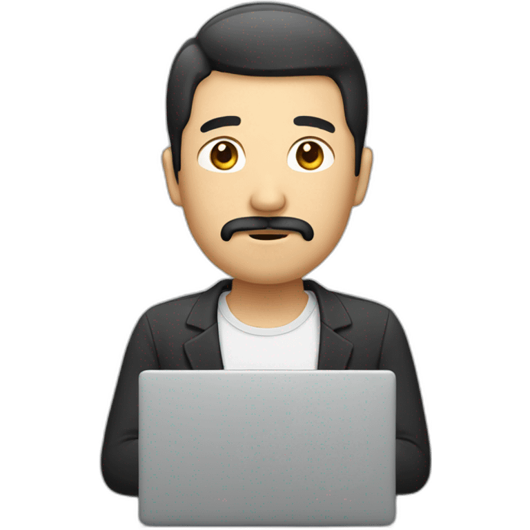 Asian man with mustache and beard in front of laptop emoji