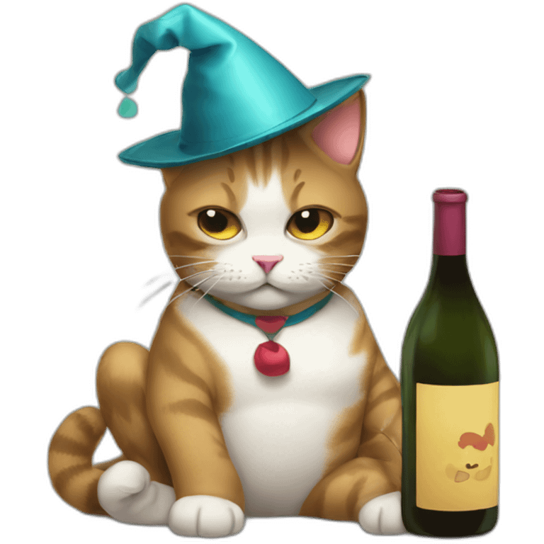 depressed tired kitty drinking wine and party hat on emoji