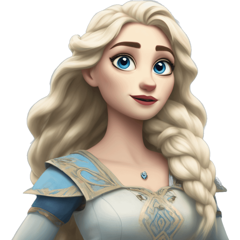 Warcraft award winning Elsa in IKEA style, oil paint, mysterious eyes, intricate lips, masterpiece pose, odd perspective, beautiful, desirable, logical, midsommar, ikea emoji