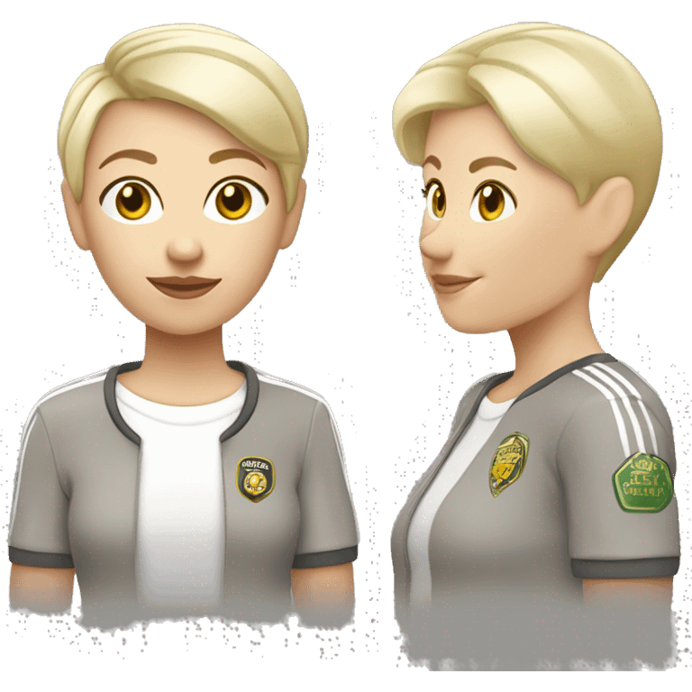 Jesse Maley pretty older white female with platinum blonde, pixie, cut haircut and golden skin and aleeds united shirt and badge emoji